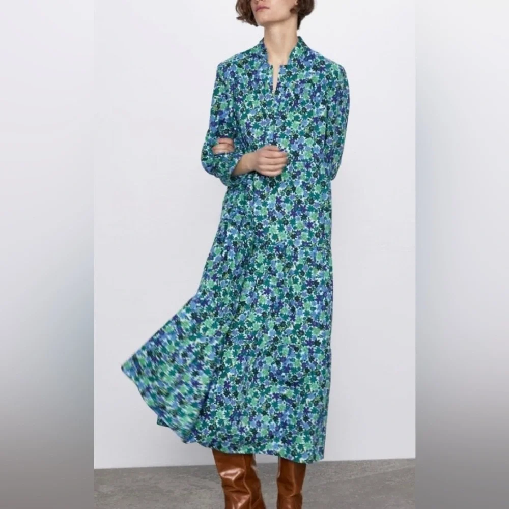 Zara Floral Print Green Dress Size S - Picture 5 of 12